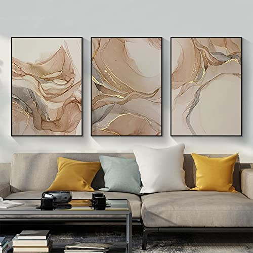 JNAOZI leinwandbild Abstrakte Wandkunst,Beige Gold Fluid Art Mural Bild für Schlafzimmer Drucken Posterbild Kunstwerke,Ohne Rahmen (50 x 70cm*3)