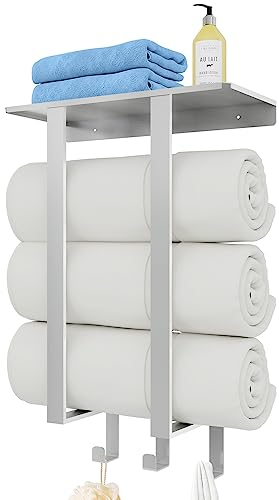 Handtuchregal Badezimmer, Bethom Handtuchhalter mit Ablage und 3 Haken, 50cm Handtuchhalter Wand Gebürstetes Nickel, Metall Quadratrohr Handtuch Aufbewahrung Bad Handtuchablage für Kleines Badezimmer
