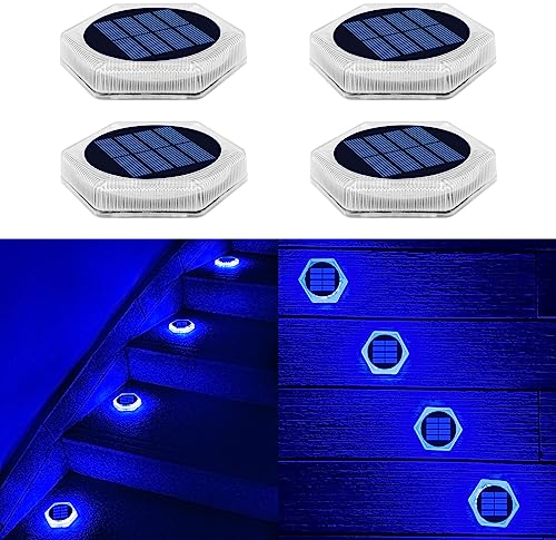 YiLaie Solar Bodenleuchten Aussen, LED Solarlampen für Außen Garten und Terrasse Deko Weg Treppenbeleuchtung Solarleuchten Wasserfest, Sechseckig,Blaues Licht, 4 Stück