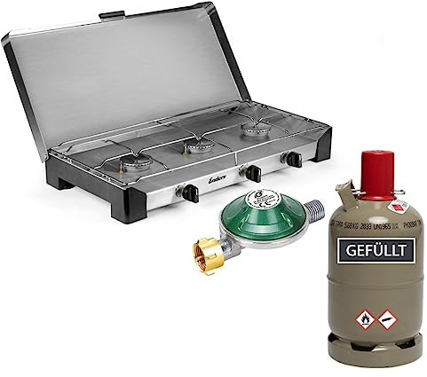 Gaskocher Enders Brisbane 3Z Komplettset, 2 flammiger Campingkocher inkl. Schlauch, Druckminderer und 5kg Eigentum Propan Gasflasche grau gefüllt