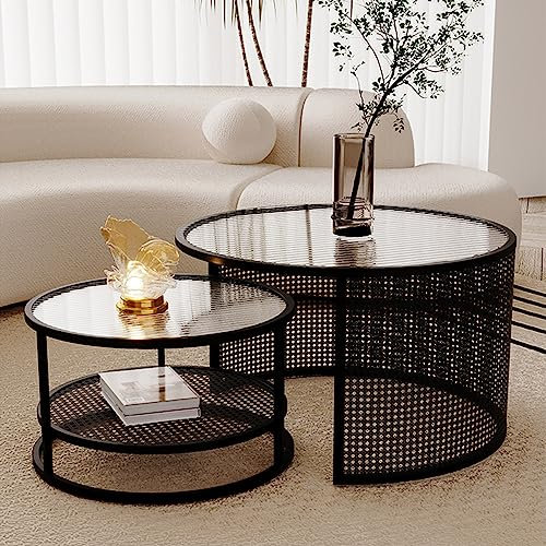 SYCARPET Runder Couchtisch, 2er-Set, Satztisch mit weißem Metallrahmen, Tischplatte aus klarem Glas, Beistelltische für Wohnzimmer, Schlafzimmer, Büro, Wohnung