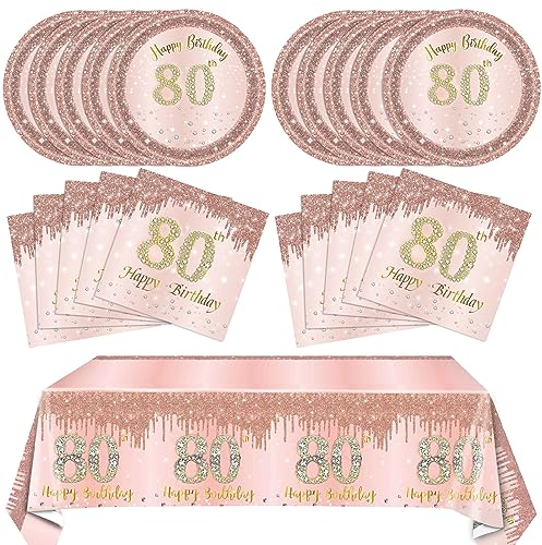 41PCS 80th Birthday Anniversary Decorations Women,Rose Gold 80th Birthday Party Favor Include Plates Napkins Tablecloth For women Serves 20