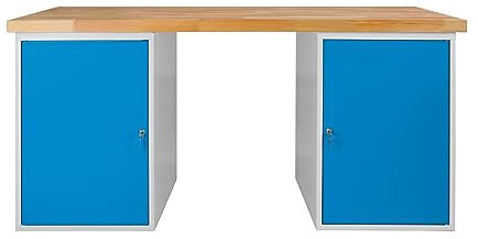 PROREGAL Werkbank Rhino Plus mit 2 Stahlblechkästen | HxBxT 84x150x70cm | Traglast 500kg | Lichtgrau/Lichtblau | Werkstatttisch Werktisch Packtisch Arbeitstisch