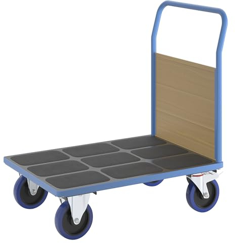 eurokraft | Plattformwagen mit Holzwänden | Vollelastik-Rollen | 1 Stirnwand | Ladeflächen-LxB 1000 x 700 mm
