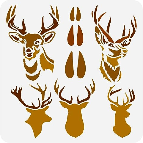 FINGERINSPIRE Hirschkopf Malschablone 30x30 cm Hirschhorn Kunststoffschablone Wiederverwendbare Elchmuster Zeichenvorlage Tierthema Bastelschablone Zum Malen Auf Wand Holz DIY Heimdekoration