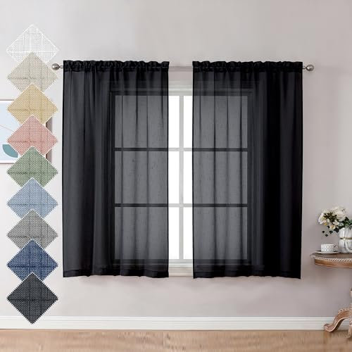 Aiyufeng Lot de 2 panneaux de voilages noirs de 114 cm de long, rideaux courts en lin pour cuisine, petite fenêtre, traitement de l'intimité avec filtre de lumière pour café/salle de bain, 76 x 114 cm
