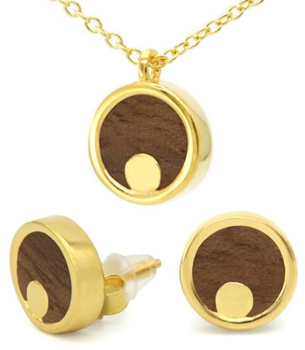 NaturSchatulle Holzschmuck Set Ohrringe Halskette Moonshine 9mm Damen Holzohrringe 925 Silber Rosegold Nussbaum Holz Ohrstecker Schmuck