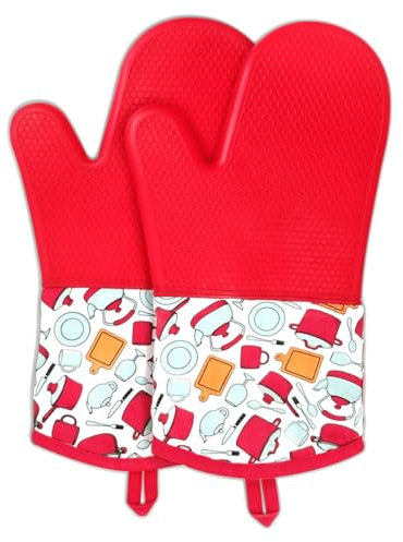 LYART Heat Resistant Silicone Oven Gloves, Non-Slip Oven Mitts with Cotton Lining, Pot Holders and Hot Pads for Kitchen Baking Cooking BBQ (Red, 1 Pair)