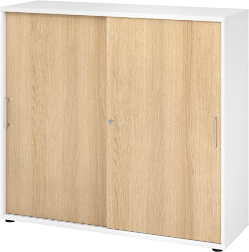 bümö Schiebetürenschrank 3OH - Aktenschrank abschließbar, Sideboard Schrank mit Schiebetüren in Weiß/Eiche, Bügelgriff - Büroschrank aus Holz mit Schiebetür, Büro Kommode für Ordner & Co.