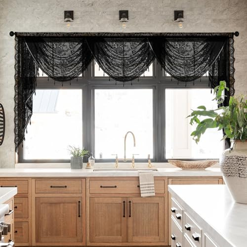 vctops Wasserfall-Volants mit Spitze für Fenster, Blumenmuster, Vintage, Girlande, durchsichtig, Küchenfenster, Vorhänge, Volant für Wohnzimmer, Schlafzimmer, Badezimmer, Café (schwarz, 250 x 104 cm)