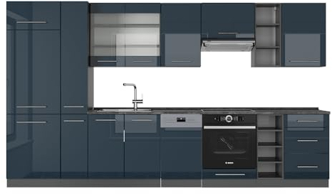Vicco Küchenzeile Fame-Line, Dunkelblau Hochglanz/Anthrazit, 355 cm, AP Eiche, zur individuellen Zusammenstellung mit optionalen Erweiterungsmodulen