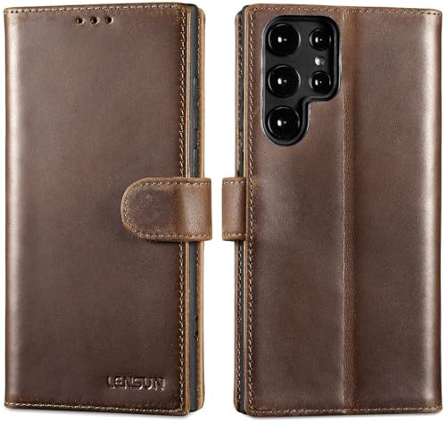 LENSUN Echtleder Hülle für Samsung Galaxy S22 Ultra, Handyhülle [Echtes Leder][Bookstyle][RFID Schutz] Handytasche Lederhülle für Samsung S22 Ultra 5G - Vintage Dunkelbraun