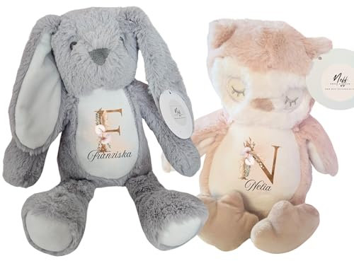 Personalisiertes Plüschtier | Kuscheltier mit Wunschname | Geschenk zur Geburt Babygeschenk Kindergarten Geburtstag Valentinstag Weihnachten | Eule oder Hase Initial - Rosegold