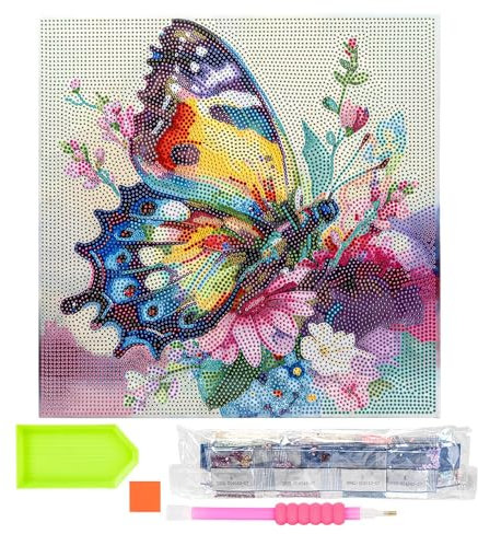 Ideen mit Herz Diamond-Painting-Motivleinwand auf Keilrahmen | 30 cm x 30 cm | Set inkl. Werkzeug (Schmetterling mit Blumen)