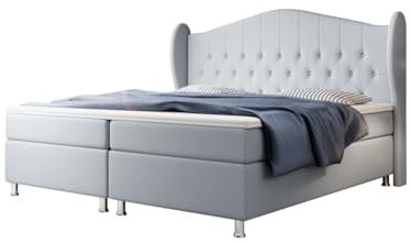 Designer Boxspringbett Angel 200x200 Doppelbett Polsterbett Bett mit Samtbezug und Chesterfield Kopfteil | Bezug: Samt | Farbe: Hellgrau | Härtegrad: H3 (70-100kg)