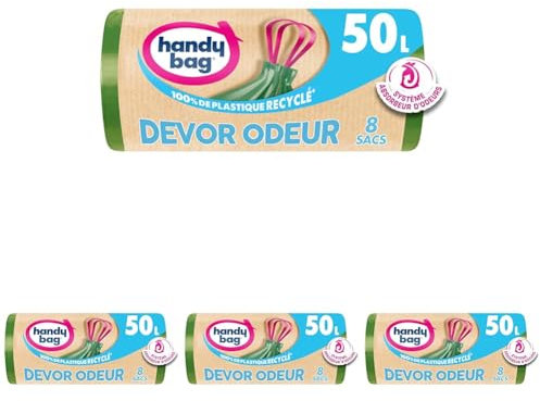 Handy Bag - Sacs poubelle à poignées coulissantes Dévor Odeur 50L x 8 sacs - Système absorbeur d'odeurs - Ultra Résistant - Étanchéité maximale - 80% plastique recyclé (Lot de 4)