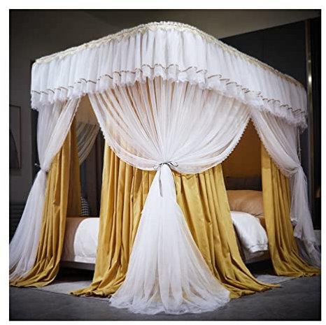 SIAMZYWV Moustiquaire à baldaquin pour lit Double, Queen, King, Rideau de lit de Luxe occultant et Anti-poussière à Double Couche avec Support (Couleur : Jaune, Taille : 180 x 200 cm)