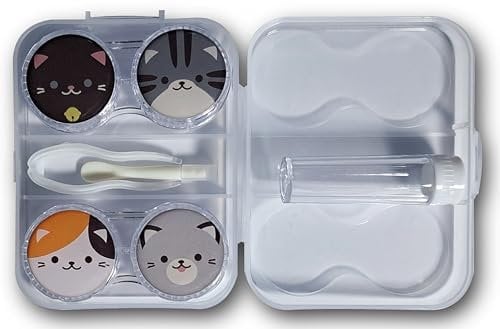 Kawaii Cute Anime Cat Contact Lens Case Travel Box Portable Contact Lens Case Kit with Lens Cleaner Solution Bottle Tweezers Remover for Home & Office & Daily Outdoor