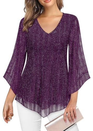 Gemulate Purple Tops for Women UK Tunic Tops for Women Ladies Top Chiffon Tops for Women UK Deep V Neck Top for Busty Women Women's Tops Wedding Guest Outfits - Purple Stripes, M