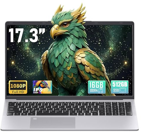 17,3 Zoll Laptop Notebook, 16GB RAM, 512GB SSD, Quad-Core Celeron N5095 CPU(bis 2,9 GHz), FHD IPS Display, Fingerprint Sensor, beleuchtete Tastatur, HDMI, WiFi, BT, 3X USB 3.0, Silber