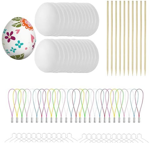 25 Deko-Eier Ostern, 6 cm Kunststoff Ostereier zum Bemalen, 25 Aufhänger für Ostereier + 25 Bändchen, Eier zum Bemalen und Aufhängen, Osterhandwerk, für Dekoration Osterstraußes und Schönes Geschenk
