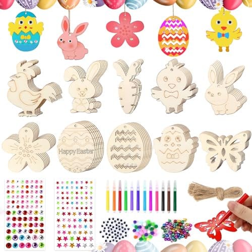 Raxfekro 264 Stück Holzanhänger Ostern Zum Bemalen Ostern Basteln Holz Osteranhänger Holz mit Aquarellstift, Schnur, Pinsel Pigmente Palette DIY Basteln zum Bemalen Holz