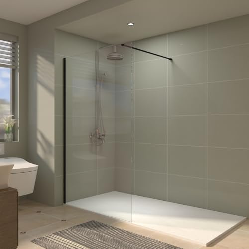 Aquariss 1100mm Walkin Black Shower Screen Enclosure Wetroom | 15mm Wall Adjustment, Stainless Steel Adjustable Support Arm, Reversible, 8mm Tempered Glass, Easy to Clean