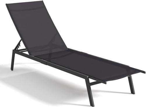 UNIONLINE Sonnenliege, Gartenliege Liegestuhl mit Rädern und verstellbaren 5-Position Rückenlehne, Belastbarkeit 350kg, Gartenstuhl für Pool, Garten Pool Terrasse (Schwarz, 1PC)
