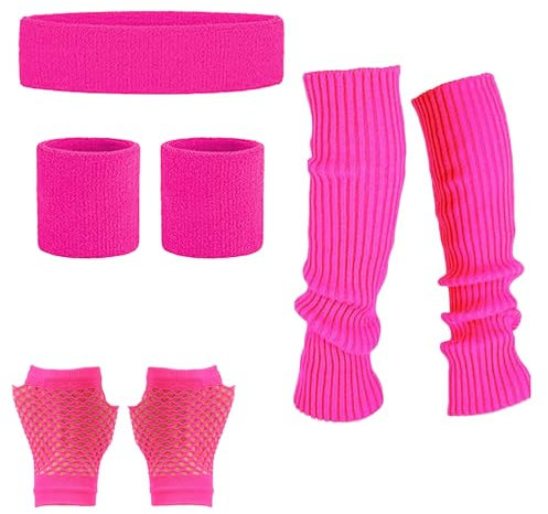 MUNSKT 5 Colors Leg Warmers Fishnet Gloves Headband Wristbands Neon Set, 80s Women Fancy Dress Costume Accessories, 1980s Retro Theme Party Costumes (rose)