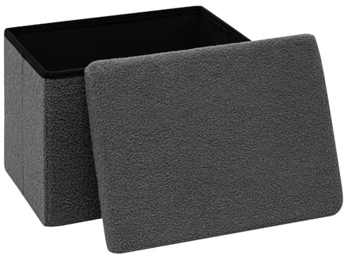 PINPLUS Faltbarer Bouclé Sitzhocker mit Stauraum, 42x32x32 cm, Dunkelgrau | gepolsterter Hocker mit Deckel, Fußhocker & Aufbewahrungsbox, platzsparend, für Wohnzimmer, Schlafzimmer, Flur