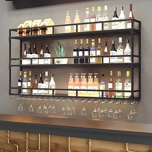 KEPMOGOH Casier à Vin en MéTal, Porte-Bouteilles Mural avec Porte-Verre, Etagere A Vin, Porte-Vin, Etagere Murale Range Bouteille Vin pour Maison, Cuisine, Bar, Salle À Manger (Noir, 120cm)