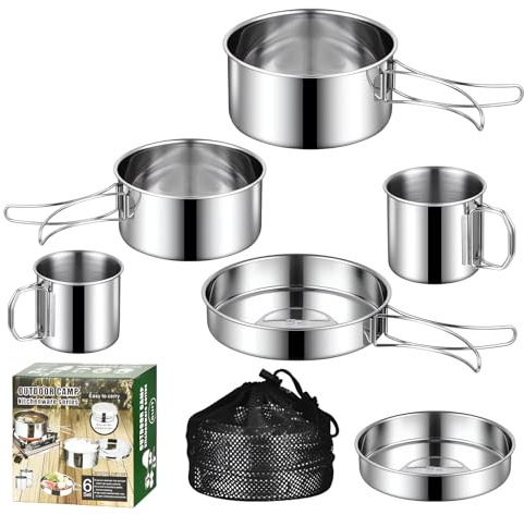 Camping Cooking Set, 6-Piece Stainless Steel Camping Cookware Mess Kit with Pots, Pans and Cups, Mesh Storage Bag for Camping Backpacking Outdoor Cooking Picnic