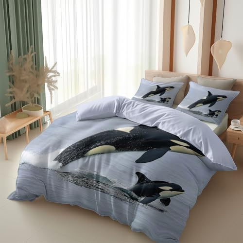 Srigzcaly Tier Orca Wal Kalb Moderne HD Fotografie Bettwäsche 135x200 cm, Wendebettwäsche Set 3 Teilig, Leicht Weich Mikrofaser Bettbezug - Graulila Deckenbezug mit Reißverschluss und Kissenbezug