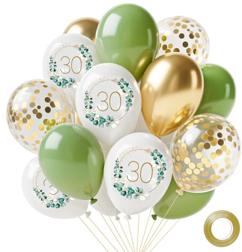 30. Grüne Geburtstag Luftballons,14 Stück Salbei Grün Gold Weiß LuftBallons für Mädchen Jungen,Happy Birthday Ballons,Jubiläum Partydeko