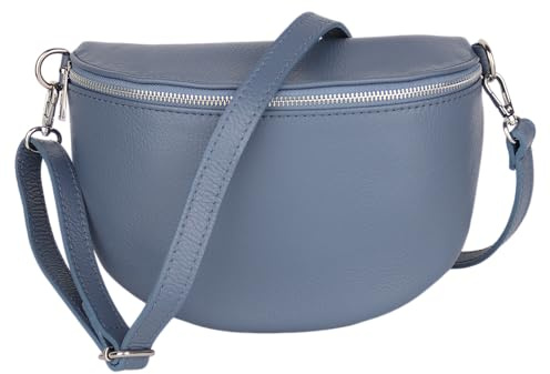 MIRROSI Damen Bauchtasche aus Echtleder, Made in Italy. Als Umhängetasche, Brust- oder Schultertasche tragbar, 26x20x8 cm, Reißverschlussfach hinten. (Jeansblau Basic Version)