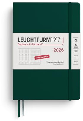 LEUCHTTURM1917 372602 Tageskalender Dotted Medium (A5) 2026, 12 Monate, Forest Green, Deutsch