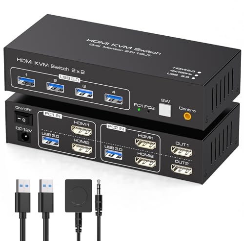 TJCXELE 4K120Hz Switch KVM HDMI 2 PC 2 Monitor USB 3.0 Commutatore KVM Doppio Monitor per Computer Condividi e 4 Porte USB con Adattatore DC 12V/1A e Controller Desktop