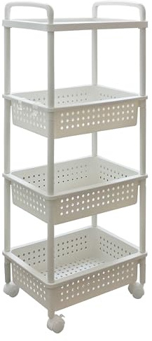 ABBAware 4 Tier Plastic Storage Utility Cart with Top Tray, Large Baskets Organizer, Steel Reinforced Lockable Wheels for Home Storage, Office Storage, White
