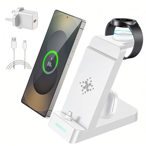 3 in 1 Fast Charging Station for Samsung Galaxy Phones Watches Earbuds Charger, USB C Fast Charger Stand Dock for Samsung Galaxy S25/S24/S23/S22/21/20/Note20/10 Galaxy Watch Ultra 8/7/6/5/4 (White)