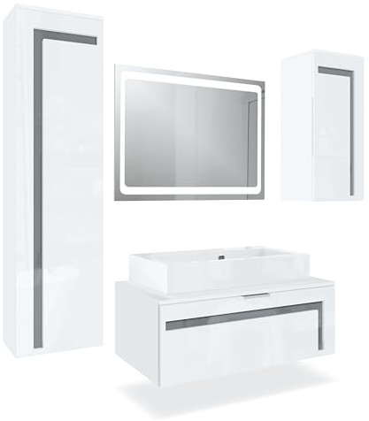 Vladon Set di mobili per Il Bagno Mobile Contenitore Aloha V2, Struttura in Bianco Opaco/Frontali in Bianco Lucido e sfalsati in Grigio Lucido, con lavabo da appoggio e Specchio LED