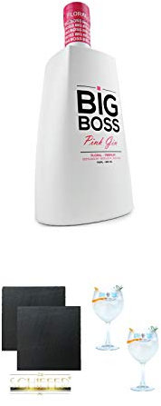 Big Boss Dry Gin PINK 40% 0,7 Liter + Schiefer Glasuntersetzer eckig ca. 9,5 cm Ø 2 Stück + Gin Sul Copo Ballon Glas 2 Stück