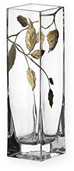 Quality GOLD LEAF Tendril Design Contemporary Square Column Flower/Bud Glass Vase - Mouth Blown/Hand Decorated Glass - Ideal Golden Anniversary 50th Wedding Gift 21cm