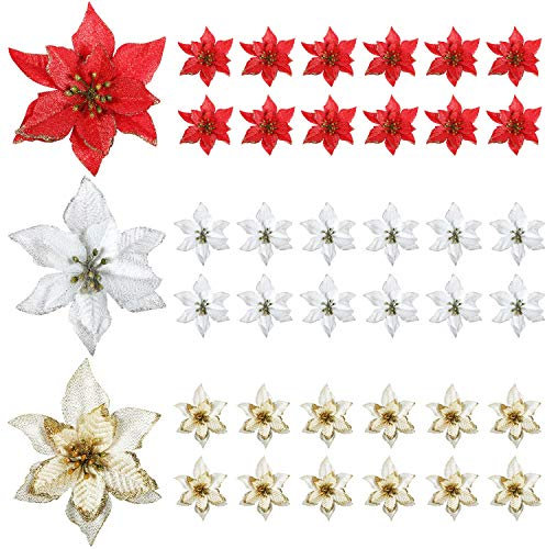 WILLBOND 45 Pieces Christmas Poinsettia Decorations Glitter Poinsettia Flowers Christmas Tree Flowers Red Gold White Silver for Xmas Tree Ornaments, 5 Inch
