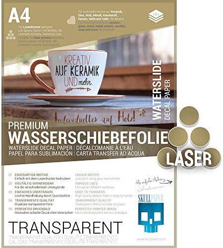 SKULLPAPER® Wasserschiebefolie TRANSPARENT für Laserdrucker - hauchdünn DIY Decal Abziehbild - Nassschiebefolie für Keramik, Glas, Kerzen, Metall, Kunststoff, Modellbau (A4-16 Blatt)