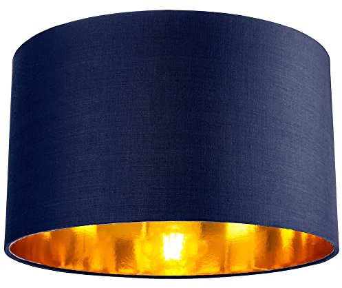Contemporary and Chic Midnight Blue Cotton 14 Table, Floor or Pendant Circular Drum Lamp Shade with Shiny Copper Inner - 60watt Maximum by Happy Homewares