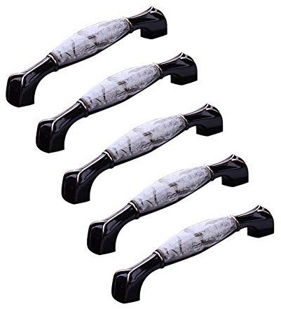 5pcs Ceramic Furniture Handle, 96mm/128mm Black Kitchen Cabinet Door Handle Ceramic Furniture Drawer Knob Cupboard Pull Handle with Marble Pattern(128mm)