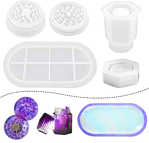 Opaltool 5pcs Silicone Resin Moulds Kit, Herb Grinder Resin Mould Casting Epoxy Resin Moulds Jar Resin Mould for DIY Crafts Jewelry Making Supply Home Decor Gift