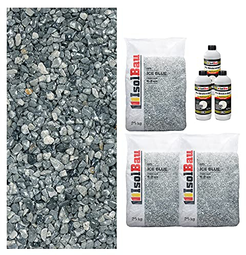 Isolbau Steinteppich Aussen Komplettset Marmorkies 75kg + Bindemittel bis 7,5m² Ice Blue 4/8mm Epoxidharz, Terassenboden, Natursteinboden Marmorkies Bodenbelag, Steinboden, Marmorstein, Innen Außen