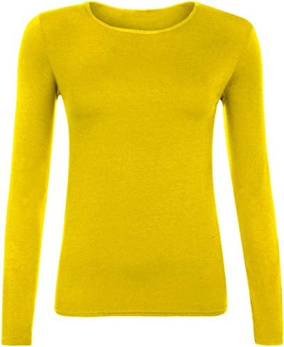 Ladies Women Basic Long Sleeve Plain Round Neck Ladies Stretch Plus Size Top T Shirt (Yellow, 3XL)