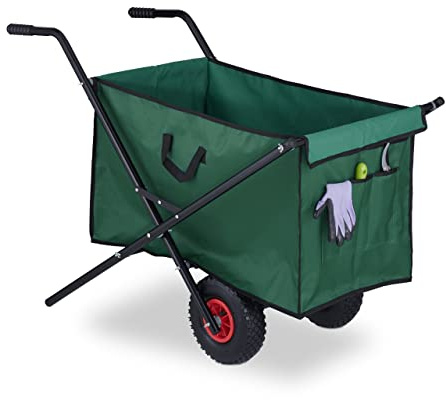 Relaxdays Schubkarre, Faltbarer Gartenwagen, 160 l, mit Griffen & 2 Luftreifen, bis 50 kg, Transportwagen Garten, grün